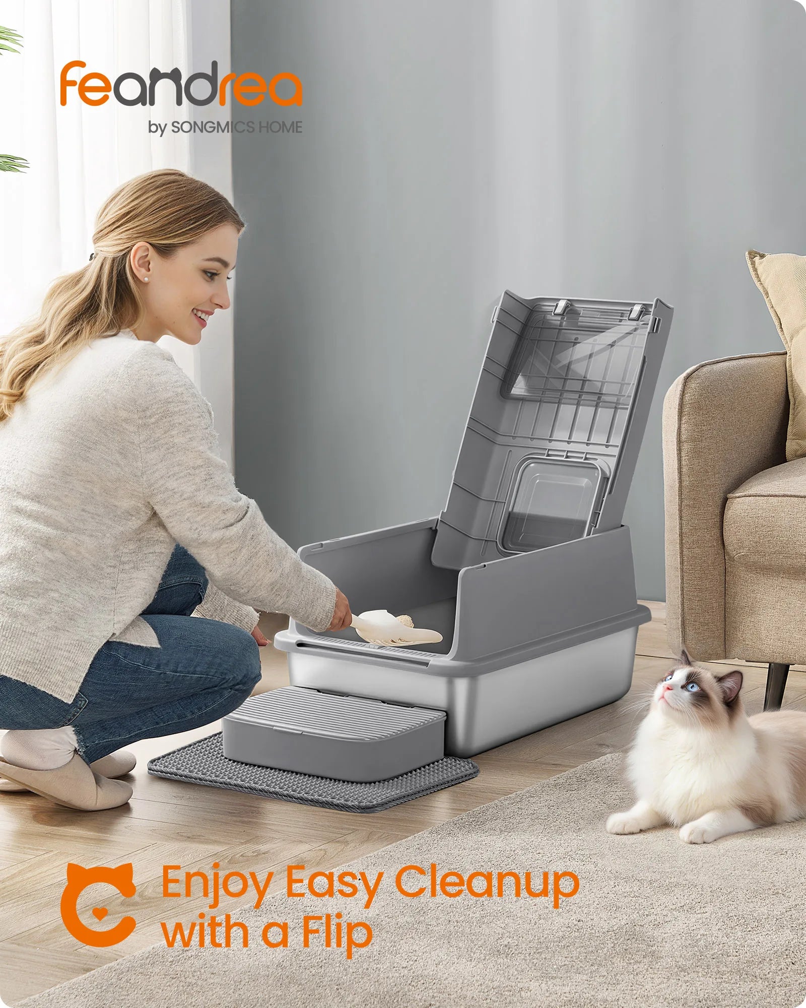 Stainless Steel Enclosed Cat Litter Box with Flip Lid