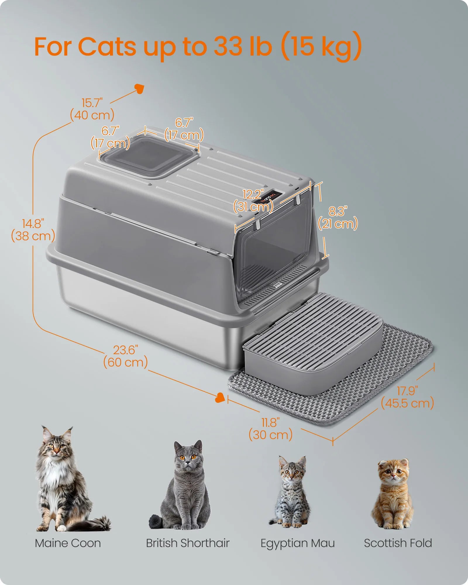 Stainless Steel Enclosed Cat Litter Box with Flip Lid