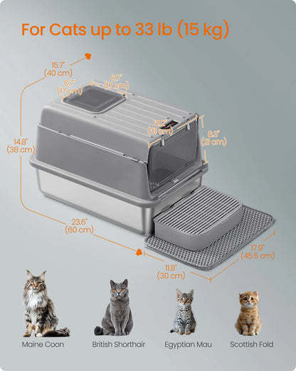 Stainless Steel Enclosed Cat Litter Box with Flip Lid